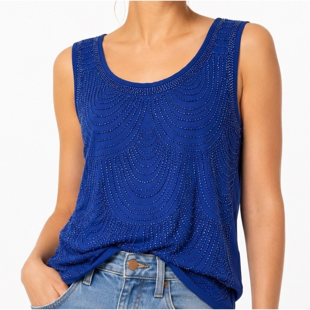 Blue Rain Beaded Tank‎ Top Womens S Royal Blue Art Deco Sheer Overlay Party Top